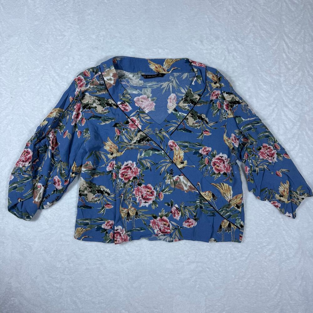 Zara Women's XS Oversized Blue Floral Wrap Style V-Neck Blouse Sleeve Knot